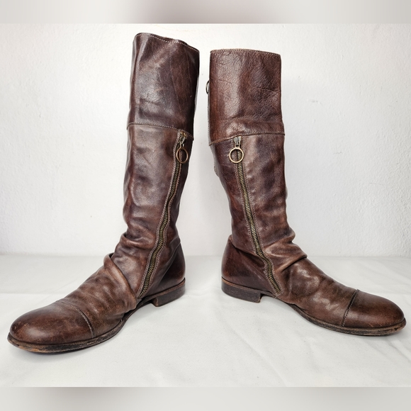 FIORENTINI+BAKER Brown Leather Tall Boots Zip Up Back and Zip Side sz 8 -7.5 8.5 - Picture 5 of 14